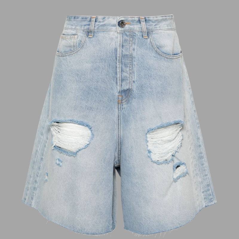 Destroyed mid-rise ripped wide-leg denim shorts