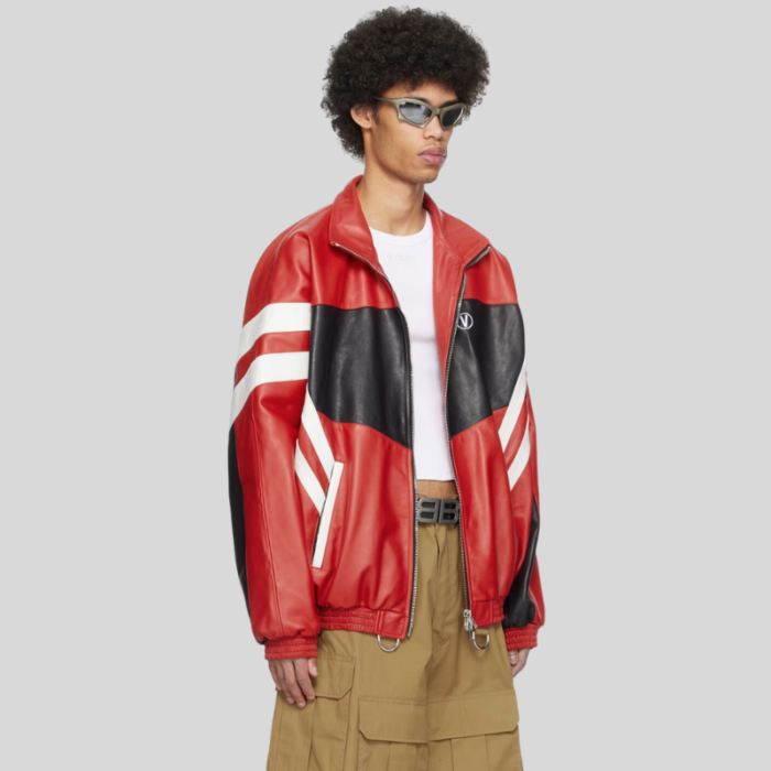 VETEMENTS Red & Black Paneled Leather Jacket